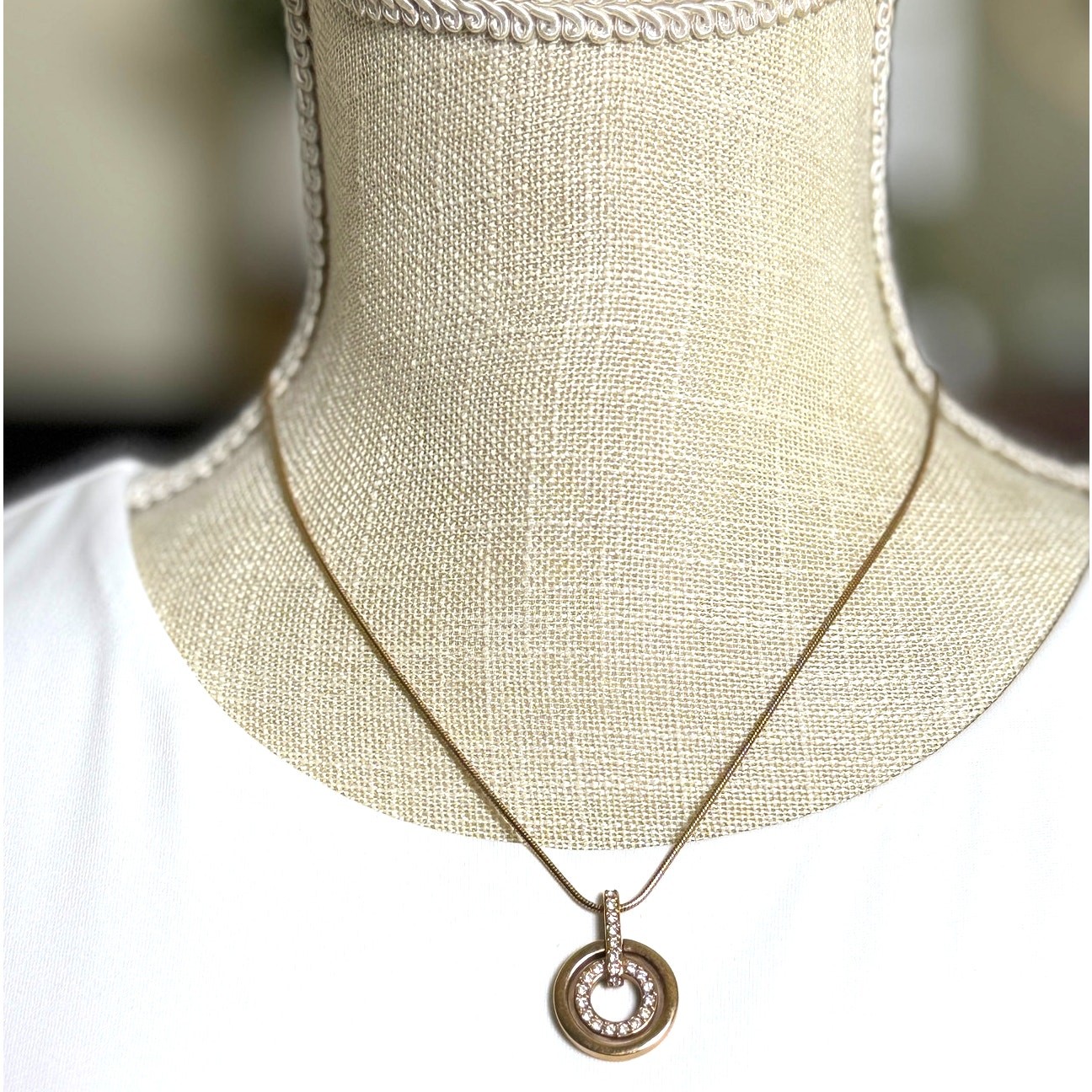 Swarovski Double Circle Necklace Blush/Gold Tone Snake Chain Swan Signed