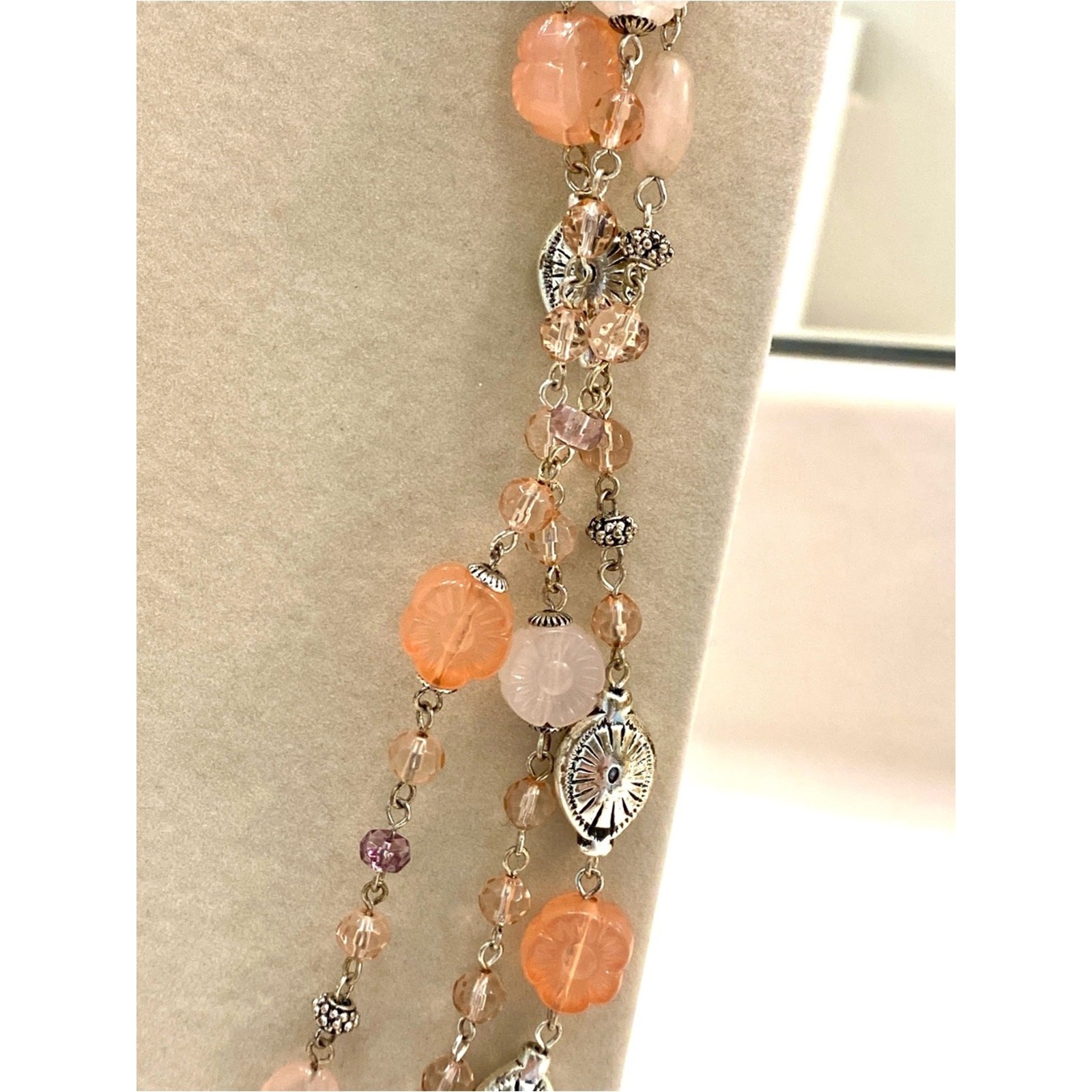 Vintage Avon Peach and Pale Pink Triple-Strand Beaded Necklace with Silver