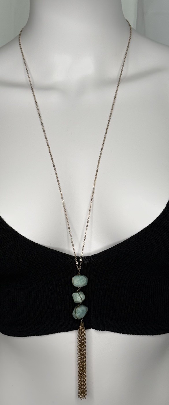 Blue Green Stone Style Tassel Pendant Necklace Gold Tone Long Boho 16.9g