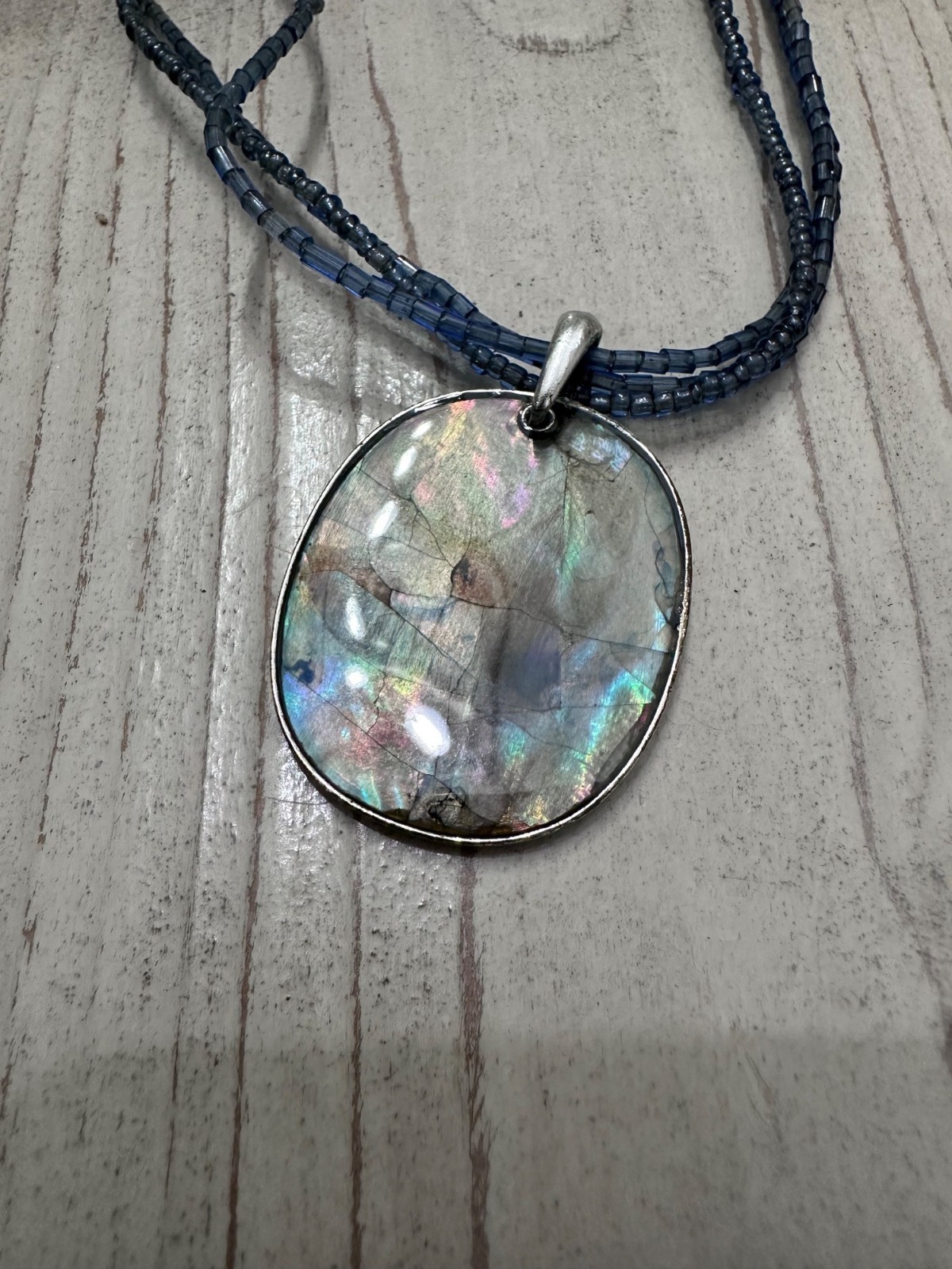 Croft Barrow Blue Gray Beaded Necklace Faux Abalone Pendant and Earrings