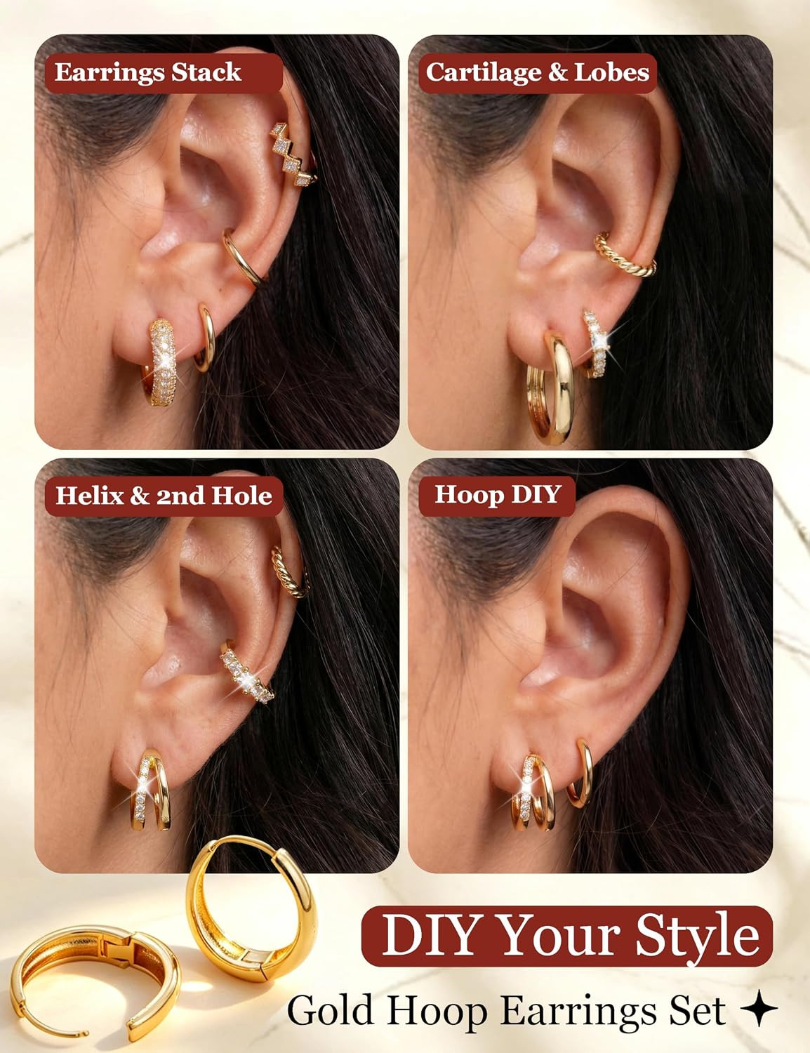 8 Pairs Gold Hoop Earrings Set for Women, 14K Gold Plated CZ Cartilage Earring f