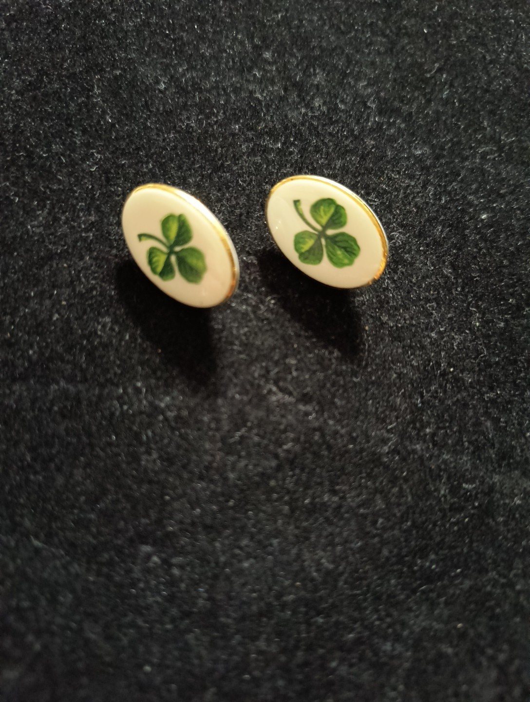 Shamrock Irish Luck Gold Tone Oval Ceramic Enamel Post Back Earrings