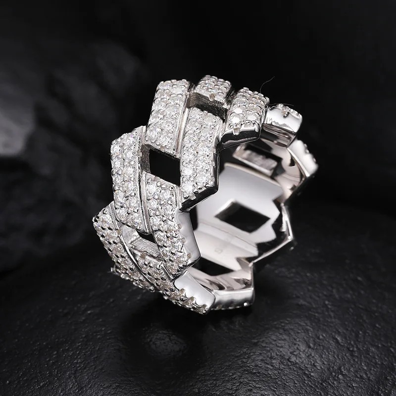 Luxury 1.5mm D Color Full Moissanite Cuban Chain Ring For Men Women 925 Silver D