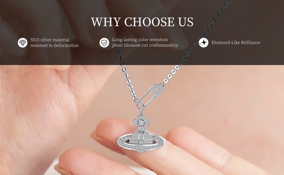 925 Silver Saturn Pendant Necklace (Pin & Zircon, 39+4cm, Gift for Her)