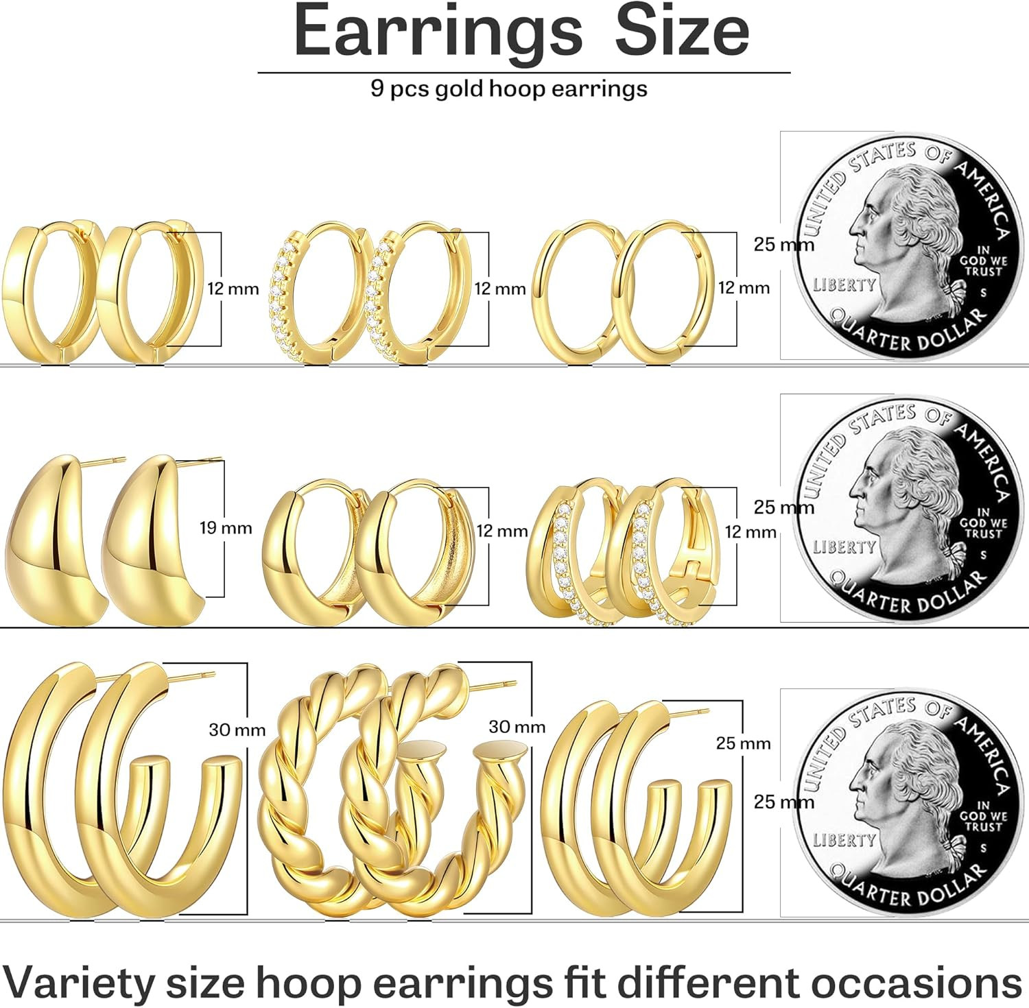 9 Pairs Gold Hoop Earrings for Women, 14K Gold Plated Chunky Hoop Earrings Set,