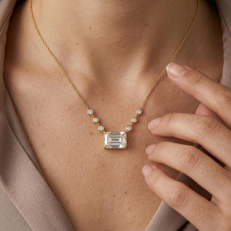 East West Emerald Moissanite 14K Gold Side Round Layering Pendant Necklace