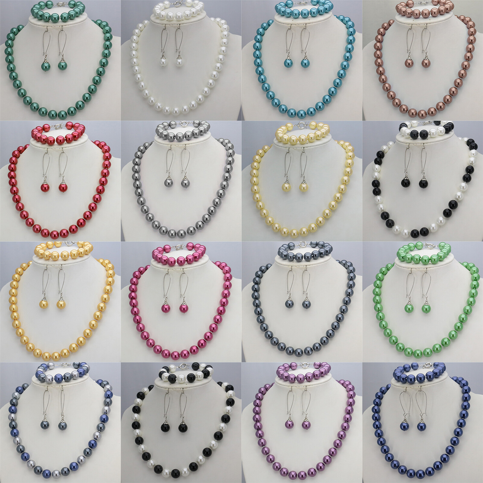 8/10/12mm South Sea Shell Pearl Round Beads Necklace Bracelet Earrings Set 18”