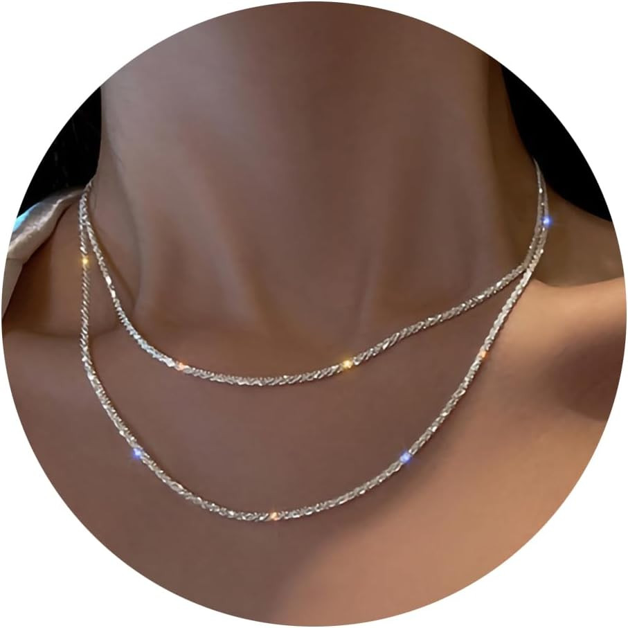 Silver Plated Rhinestone Necklaces for Women, Dainty Adjustable Layered Tennis H