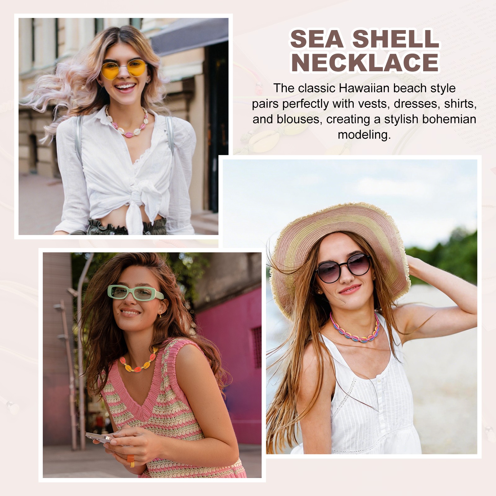 Shell Chokers Necklace, Handmade Puka Shell Chokers Necklace, Beige Pink Silver