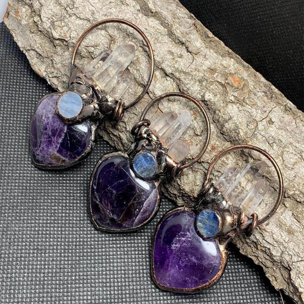 Natural Quartz Crystal Amethyst Labradorite Heart Pendant Necklace Healing USA