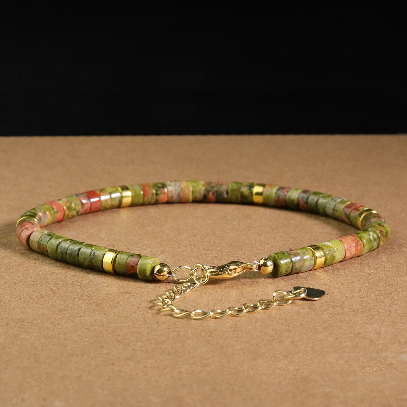 Unakite Bracelet Green Tube Beaded Adjustable Gold-Plated Chain Women Jewelry