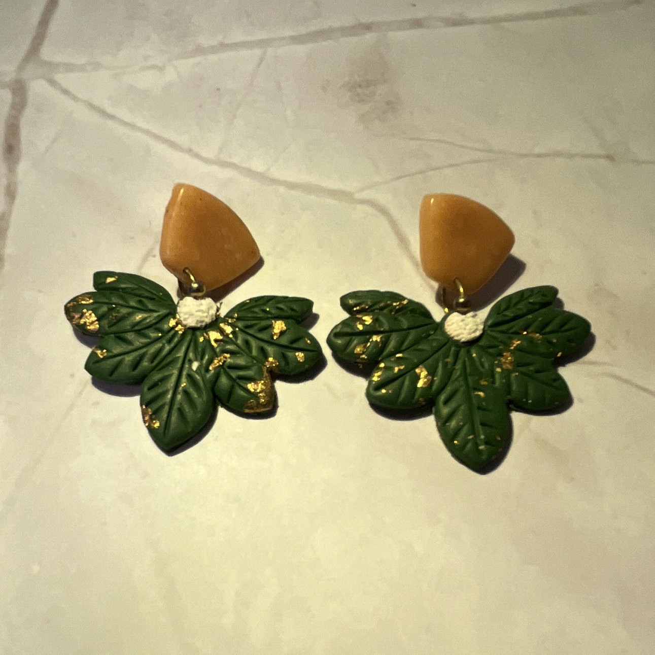 Green & Gold Leaf Dangle/Drop Earrings, Butterfly Back Closure Clay Handmade