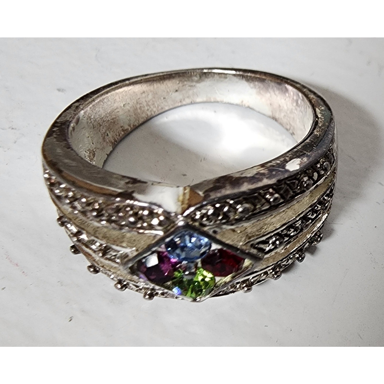 Vintage Silver Multi‑Gemstone Ring Size 9.75 w/ Box – Colorful Cluster Design