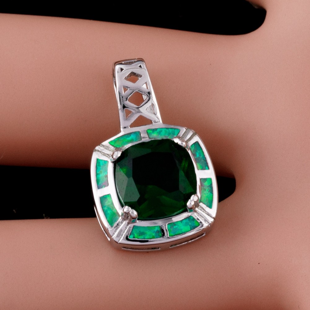8×8 Simulated Emerald Green Fire Opal Silver Filled Jewelry Necklace Pendant