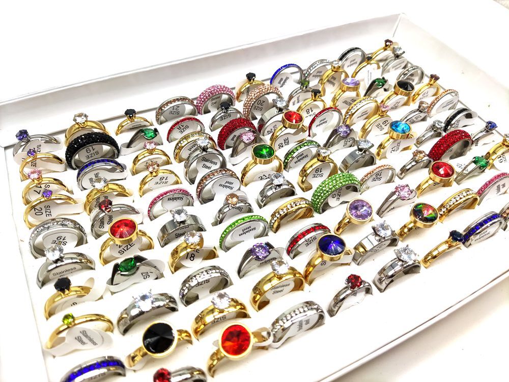 Bulk lots 50pcs Luxury Exquisite Multi-Color Zircon Stainless Steel Wedding Ring
