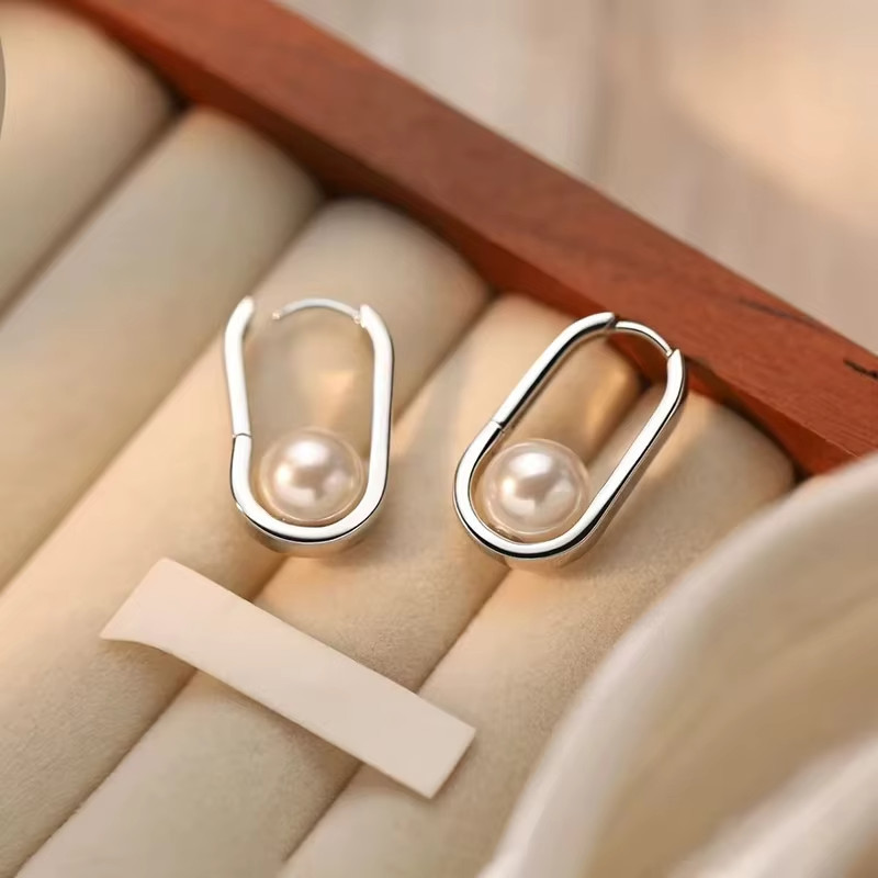 925 Sterling Silver Safety Pin Pearl Huggie Hoop Earrings Geometric Oval Gift