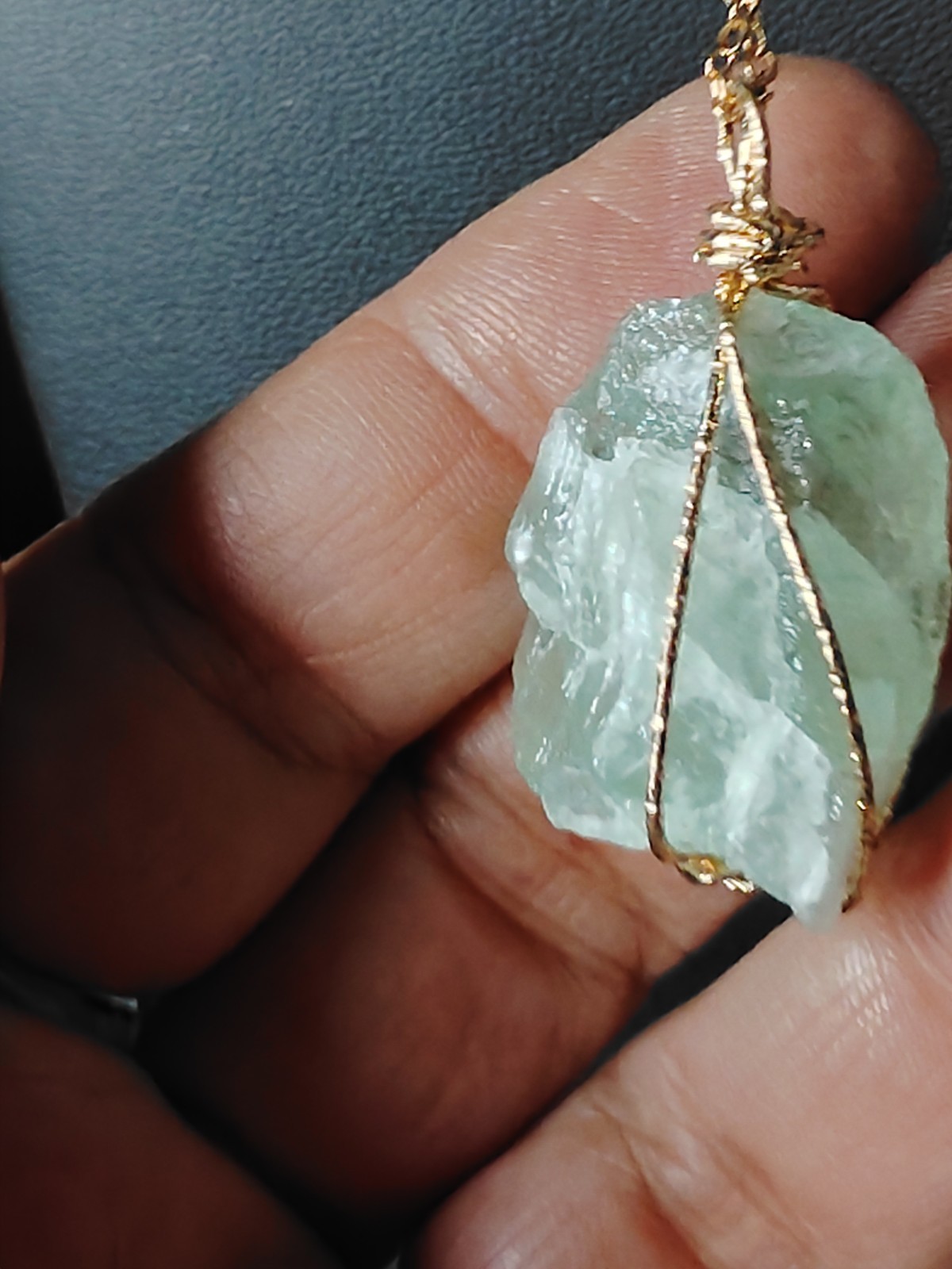 Gold Tone Cable Chain Necklace Wire Wrapped Rough Green Stone Charm Pendant