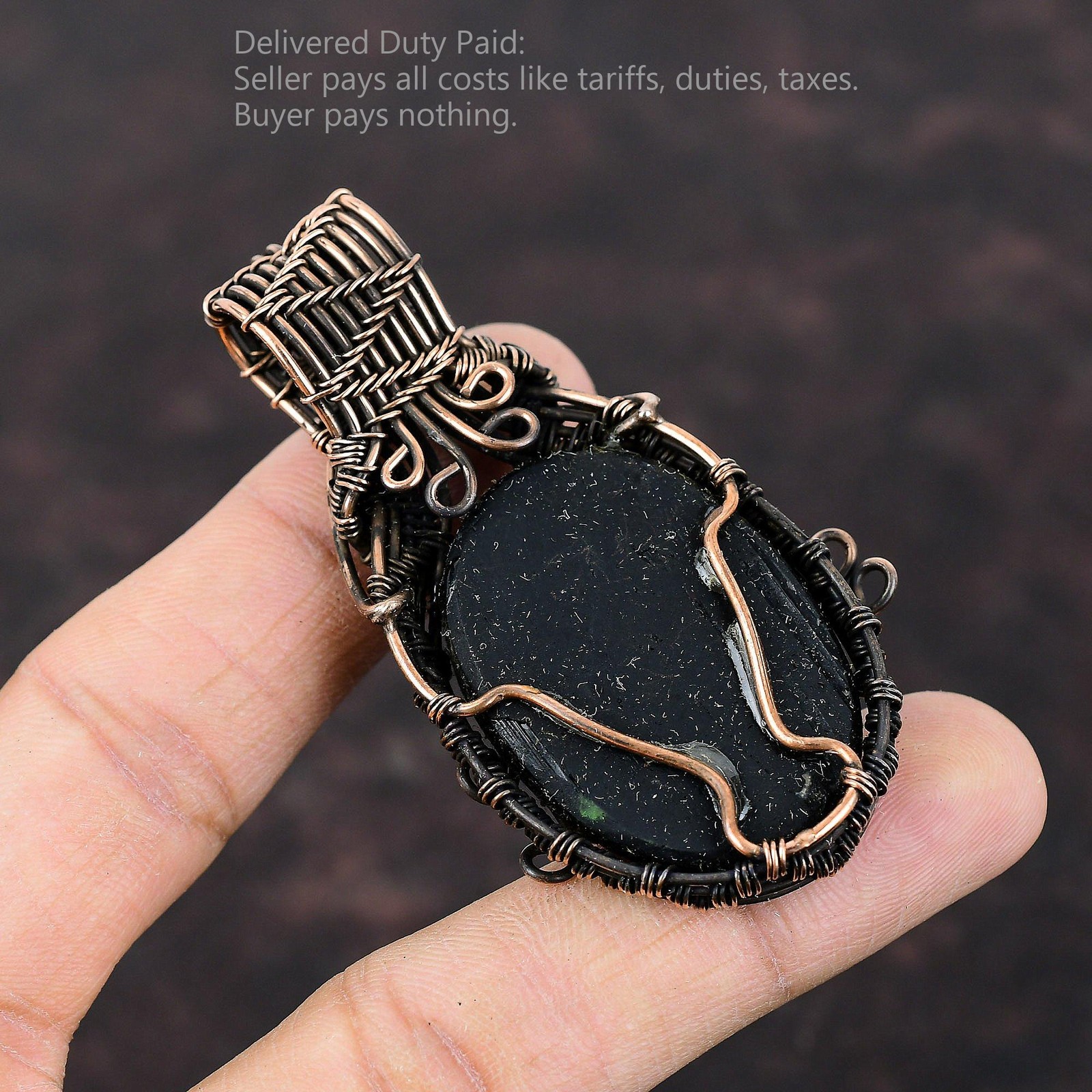 Copper Oval Black Tourmaline Rough Stone Engagement Wire Wrapped Pendant Jewelry
