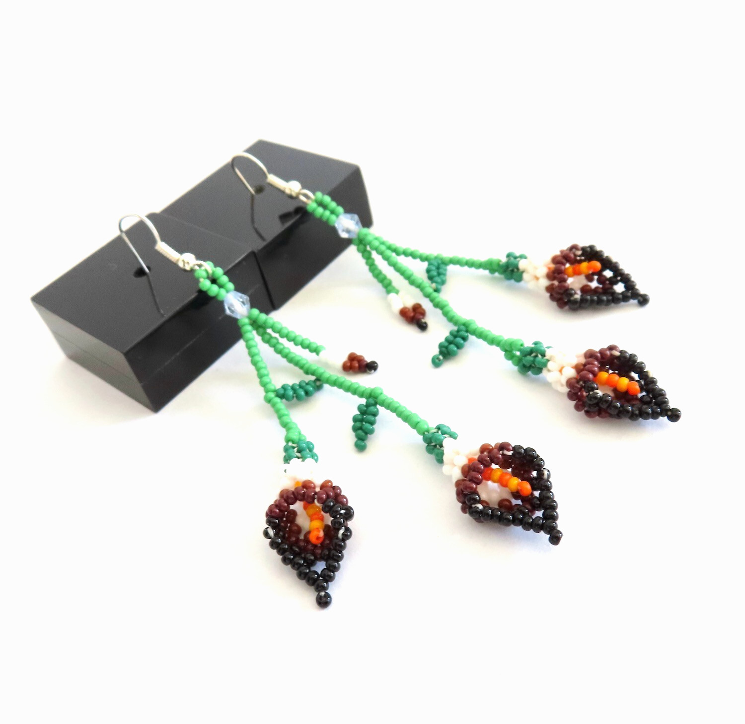 Huichol Beaded Dangle Earrings White Brown Calla Lilly Flower Handmade Mexico