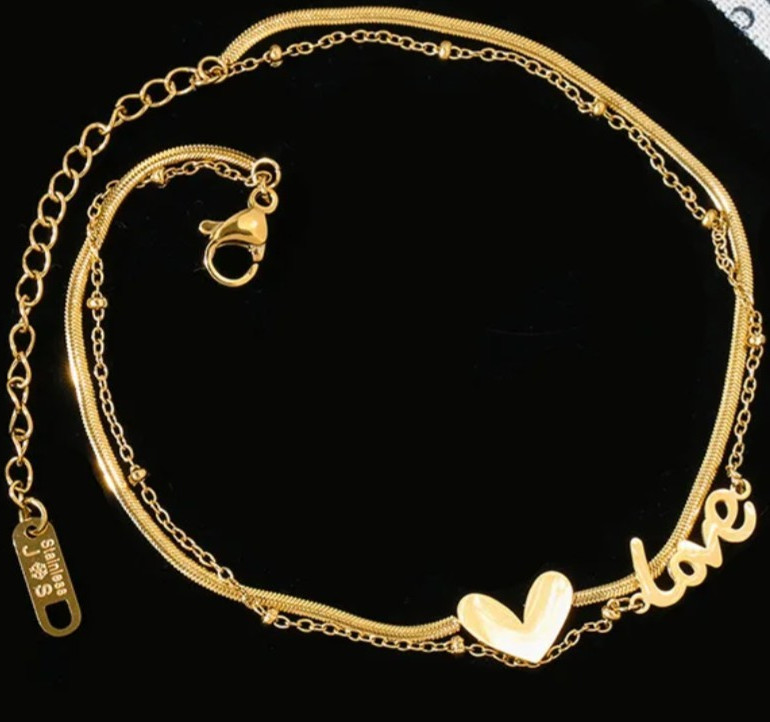 Gold Yellow Gold Plated Heart Love Charm Snake Chain Anklet Lobster Clasp Adj.