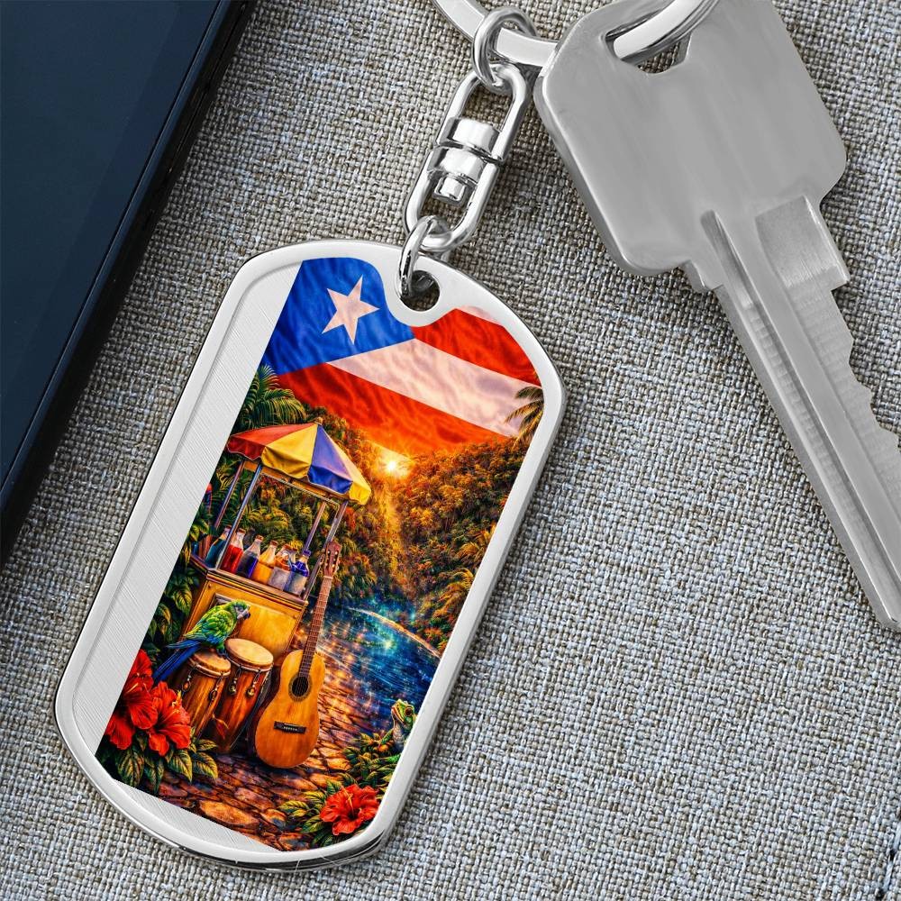 Engraved Puerto Rico Flag Latin American Culture Dog Tag Necklace or Keychain