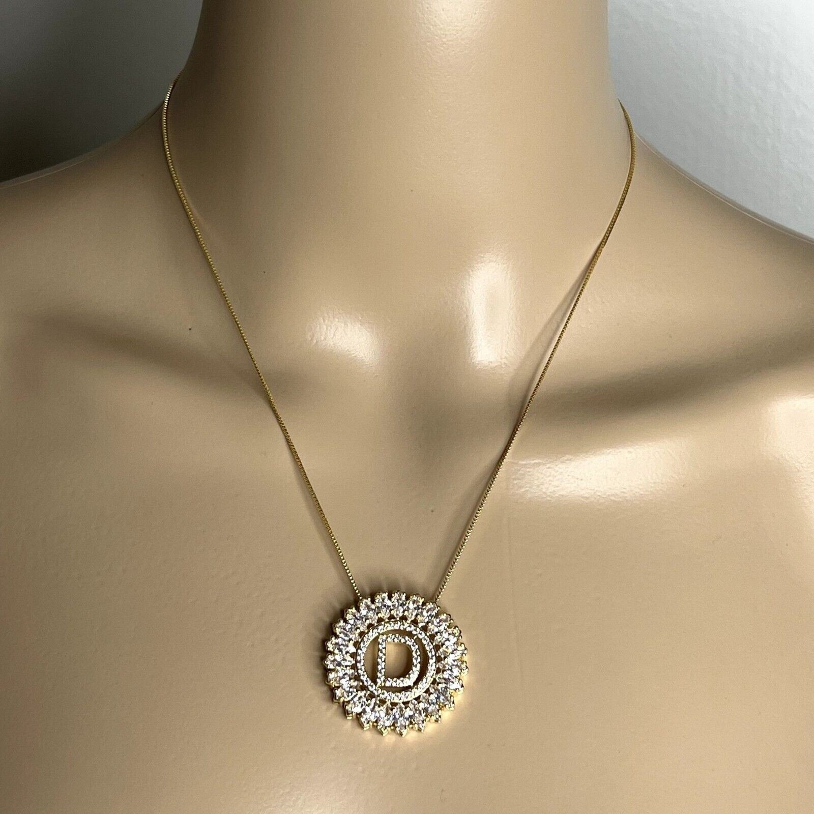 Letter D Gold Rhinestone Medallion Pendant Necklace