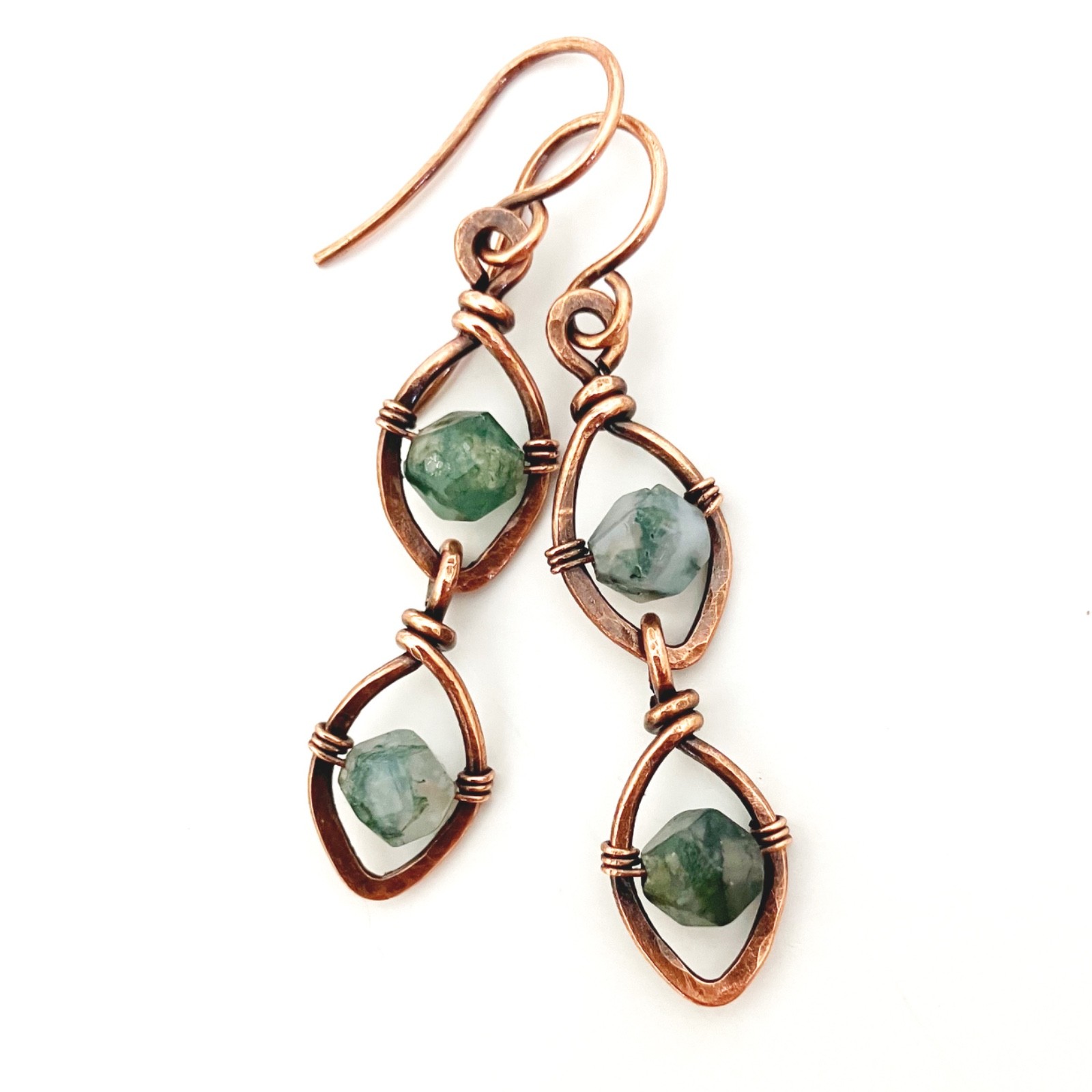 Rough Stone Bohemian Dangle Earrings Leaf Wire Wrapped Nature Jewelry Handmade