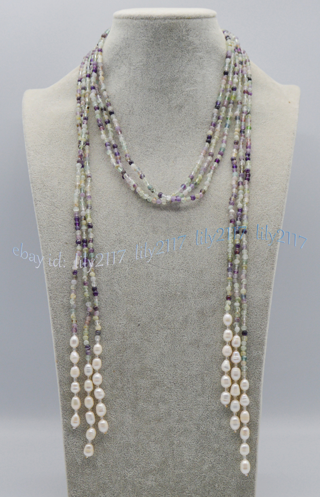 3 Strands 4mm Multicolor Fluorite White Freshwater Rice Pearl Lariat Necklace