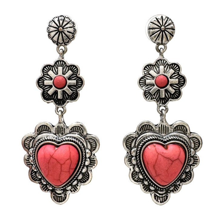Western Red Heart & Flower Dangle/Drop Earrings Silver Tone Metal No Stone