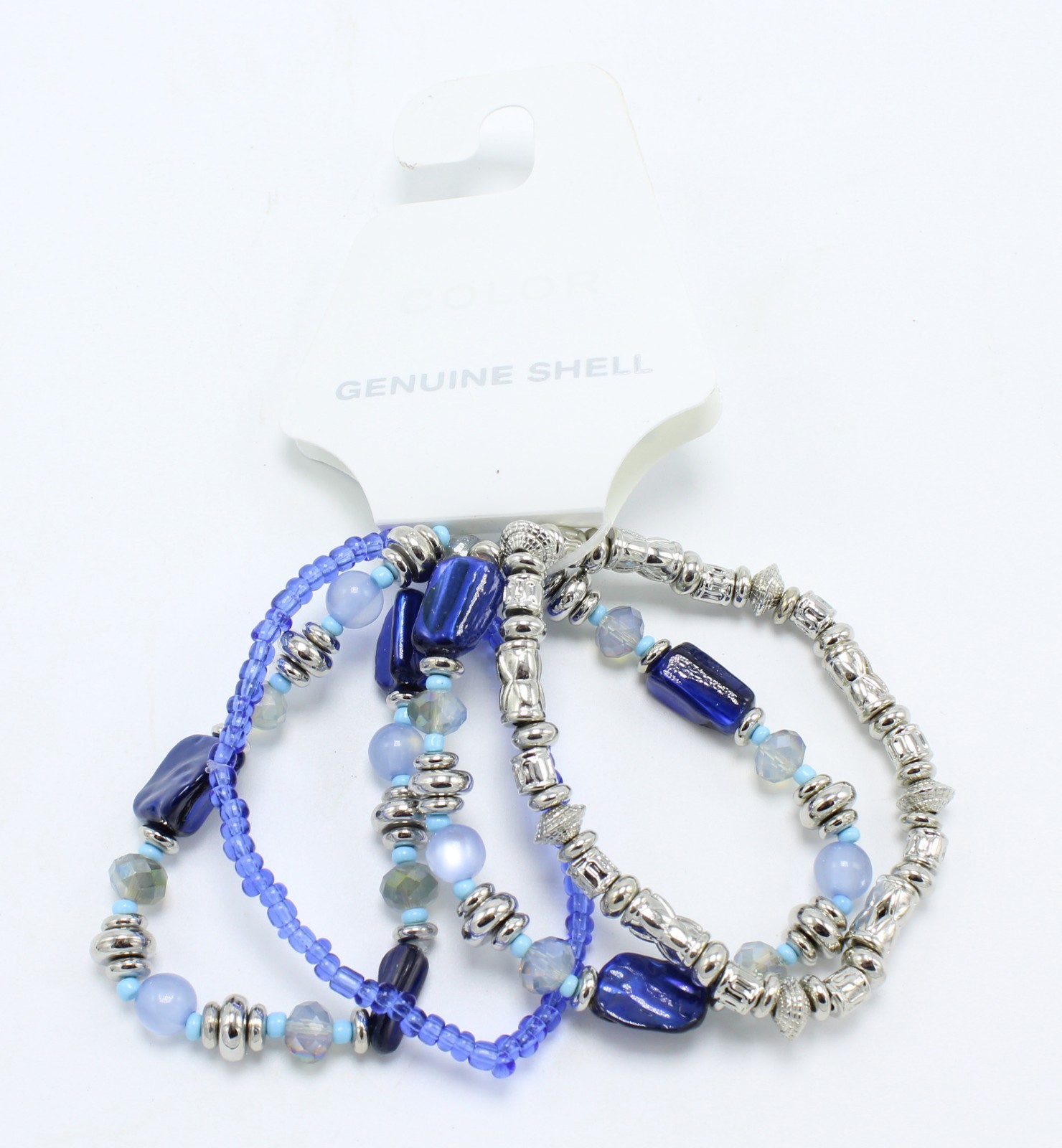 New Blue Beaded Stretch Bracelet Set with Genuine Shell nwt #B1305A
