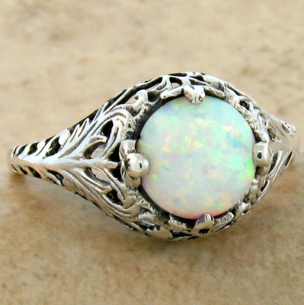 ANTIQUE STYLE 925 STERLING SILVER SOLITAIRE LAB-CREATED OPAL RING #640