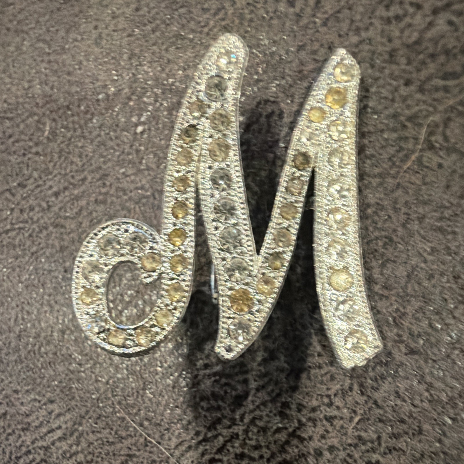 Silver Tone Letter M Brooch Pin w/ Clear Round Rhinestone Crystals