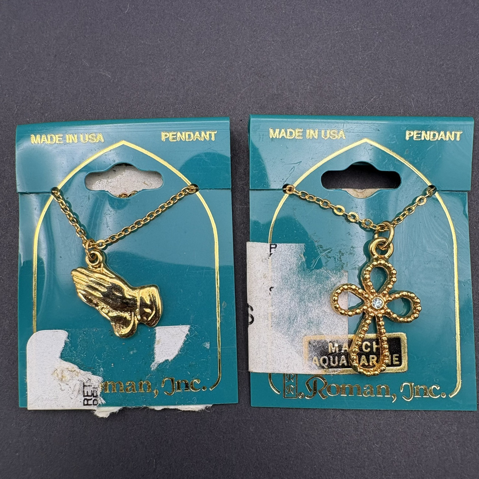Religious Pendant Necklaces Lot of 2 Gold Tone Cross Praying Hands Roman Inc.
