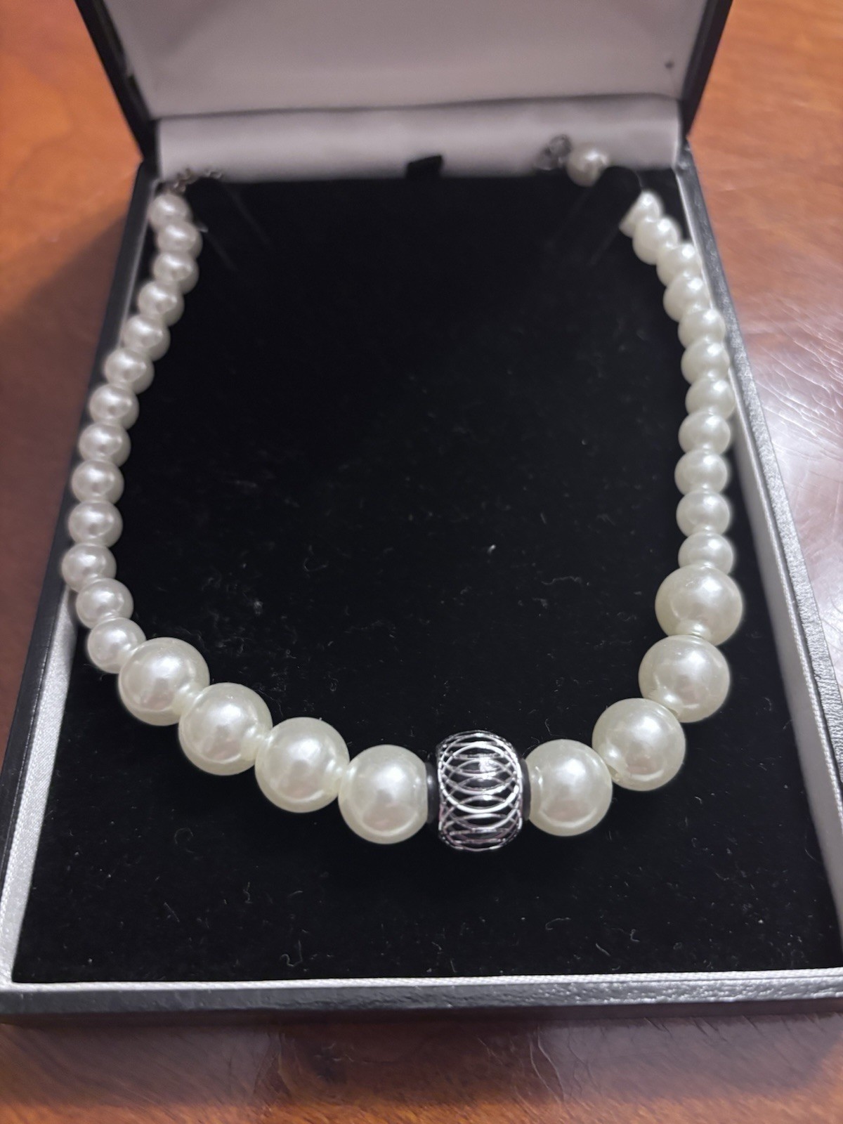 Costume Faux Pearl Necklace with Silver Tone Slide