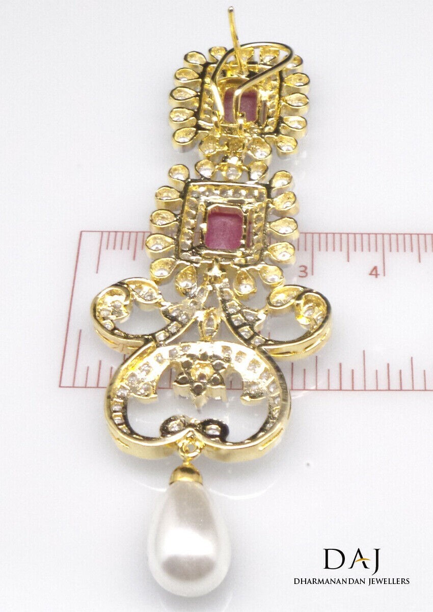 Opulent Red & CZ Dangle Earrings with Pearl Drop – Royal Elegance