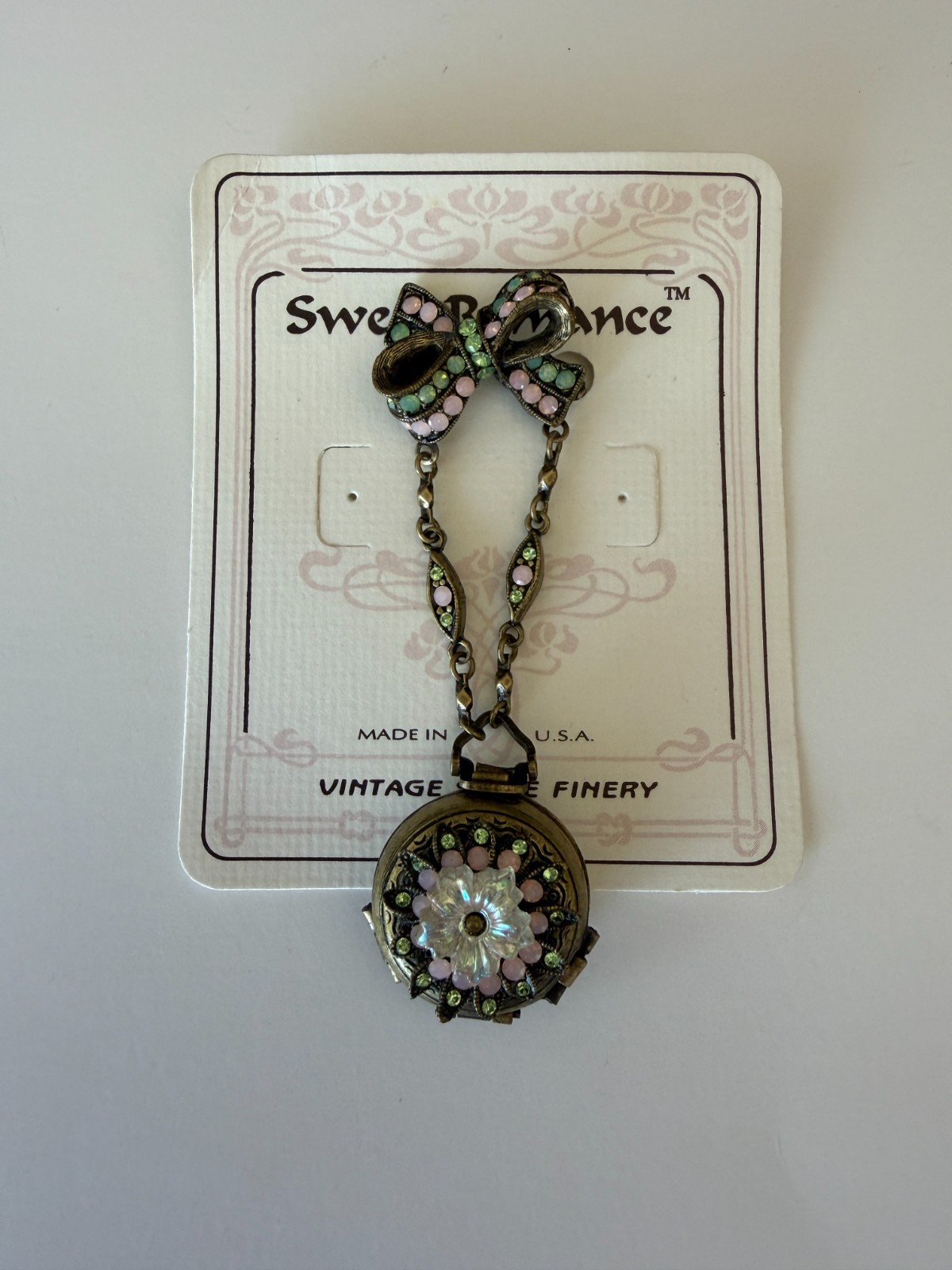 Sweet Romance USA Bronze Bow with Hanging Double Crystals Locket Pin Brooch