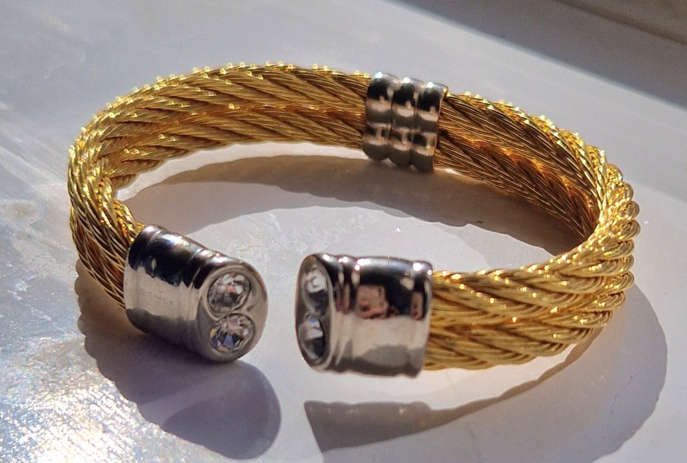 Elegant Gold Braided Wire Cuff Bangle | Silver-Tone Crystal Ends Two-Tone Mode