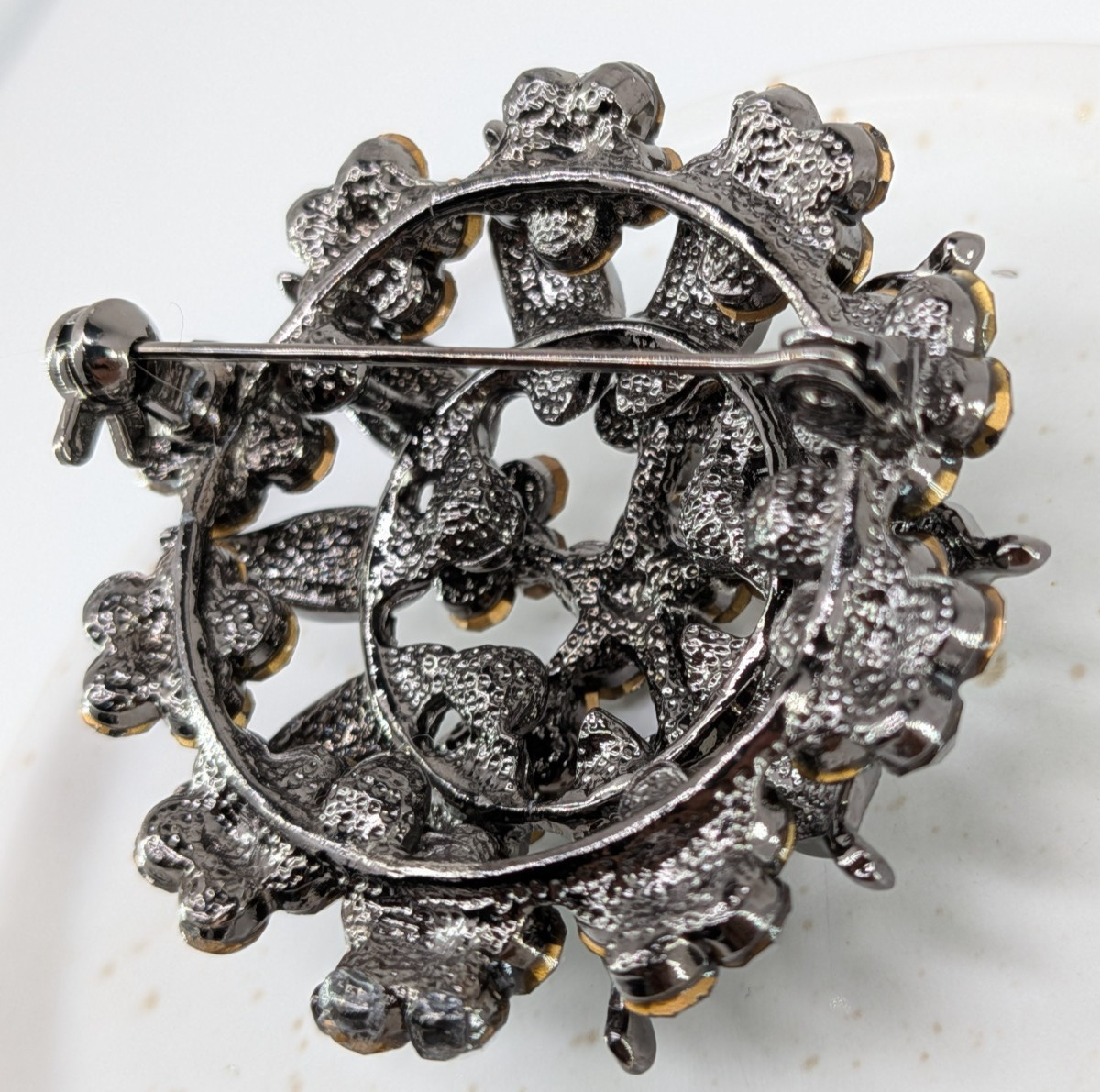 Vintage Gunmetal Rhinestone Flower Brooch Pin Hematite Crystal Dome 2in 30g