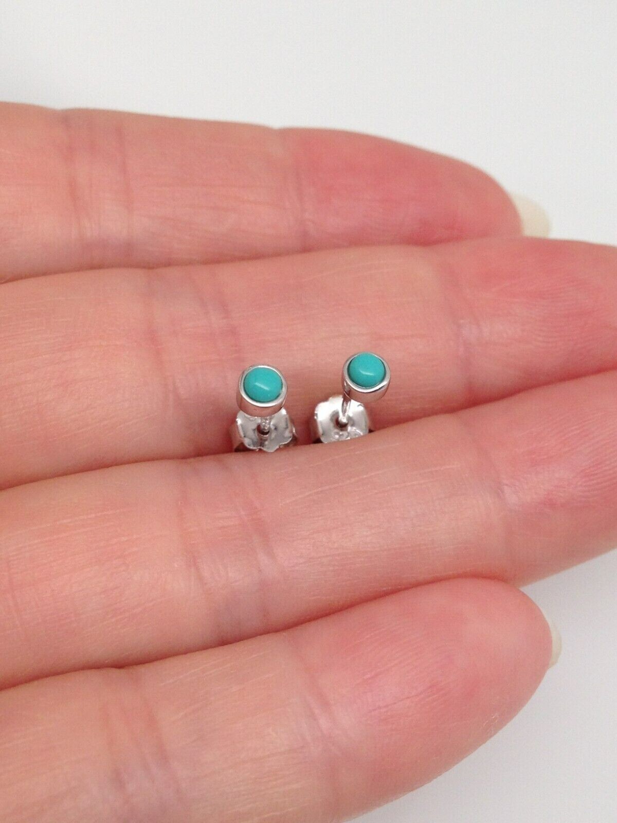 925 Sterling Silver Round Turquoise Stud Earrings TINY 2.8mm(2.2mm)