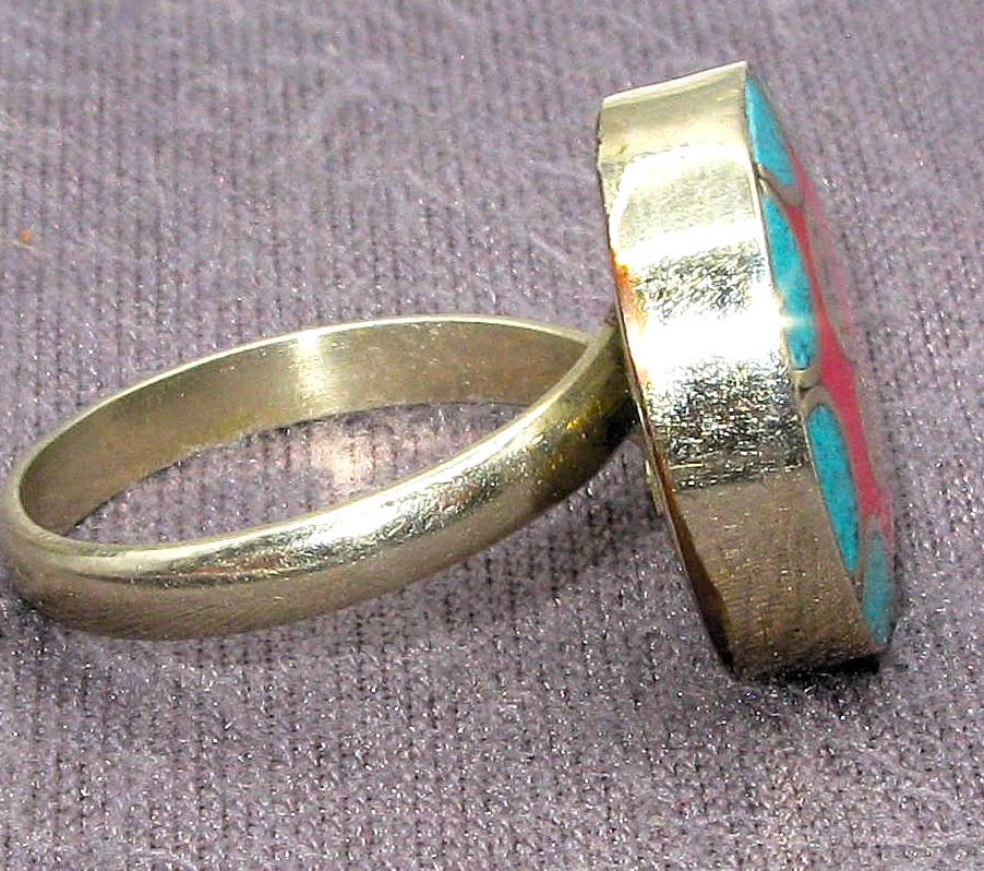 Handcrafted Tibetan Silver Coral Turquoise Inlay Cocktail Ring Adjustable 9