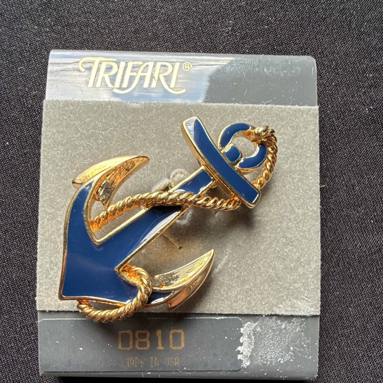 Vintage Trifari Signed Blue Enamel Anchor Nautical Gold Tone Brooch Pin