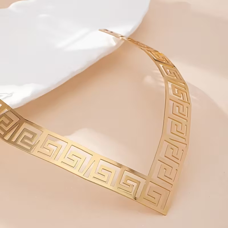 NEW WOMEN’S GOLD TONE GREEK KEY V STYLE NECKLACE OPEN BACK SLIP ON