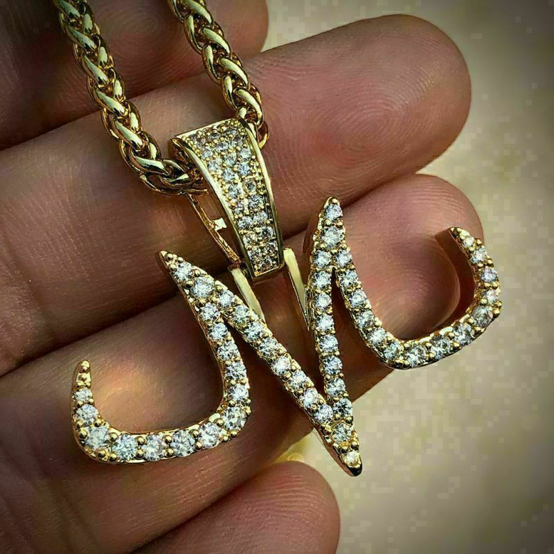2.60 Ct Round Cut Simulated Diamond Majin M Charm Pendant 14k Yellow Gold Over