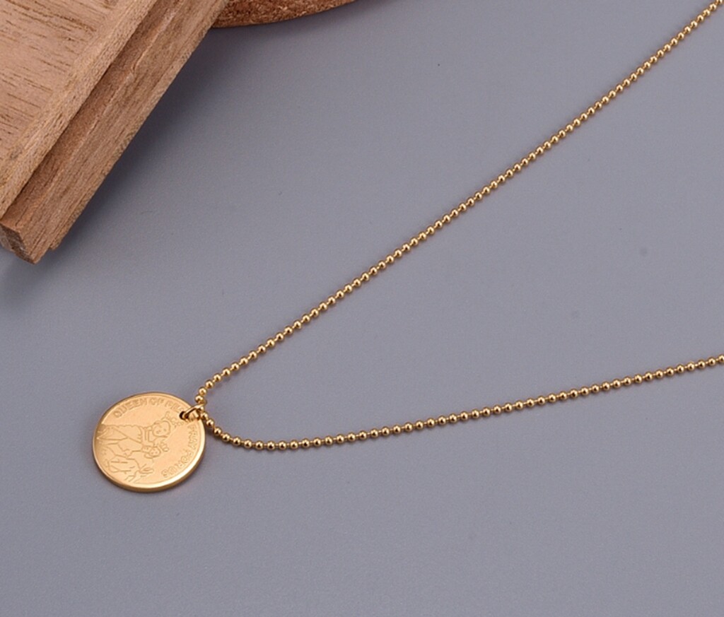 Women Girl Titanium Stainless Steel Our Lady of Mary Round Gold Coin Necklace