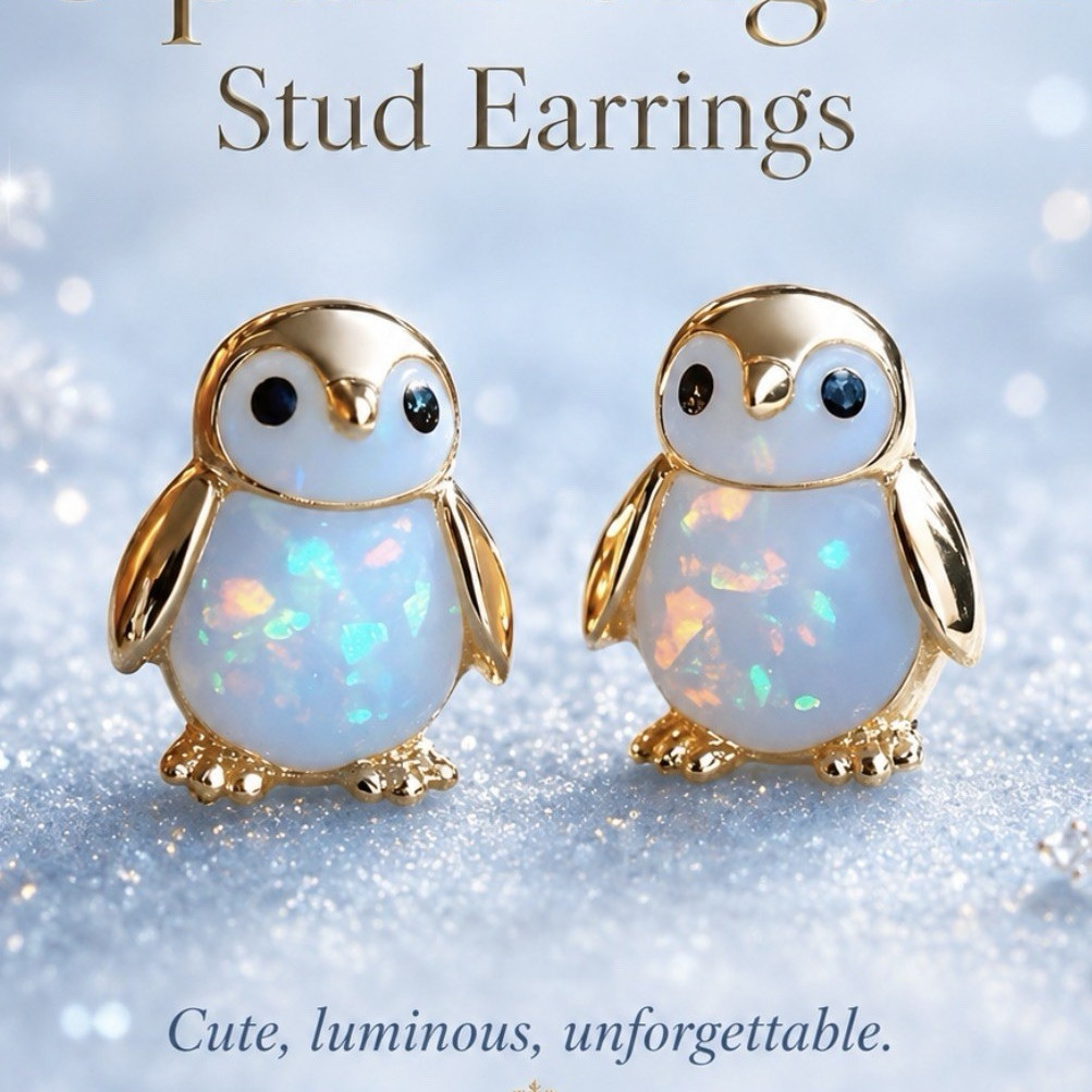 Grace Boutique Opal Penguin Stud Earrings Gold Tone Crystal Butterfly Back