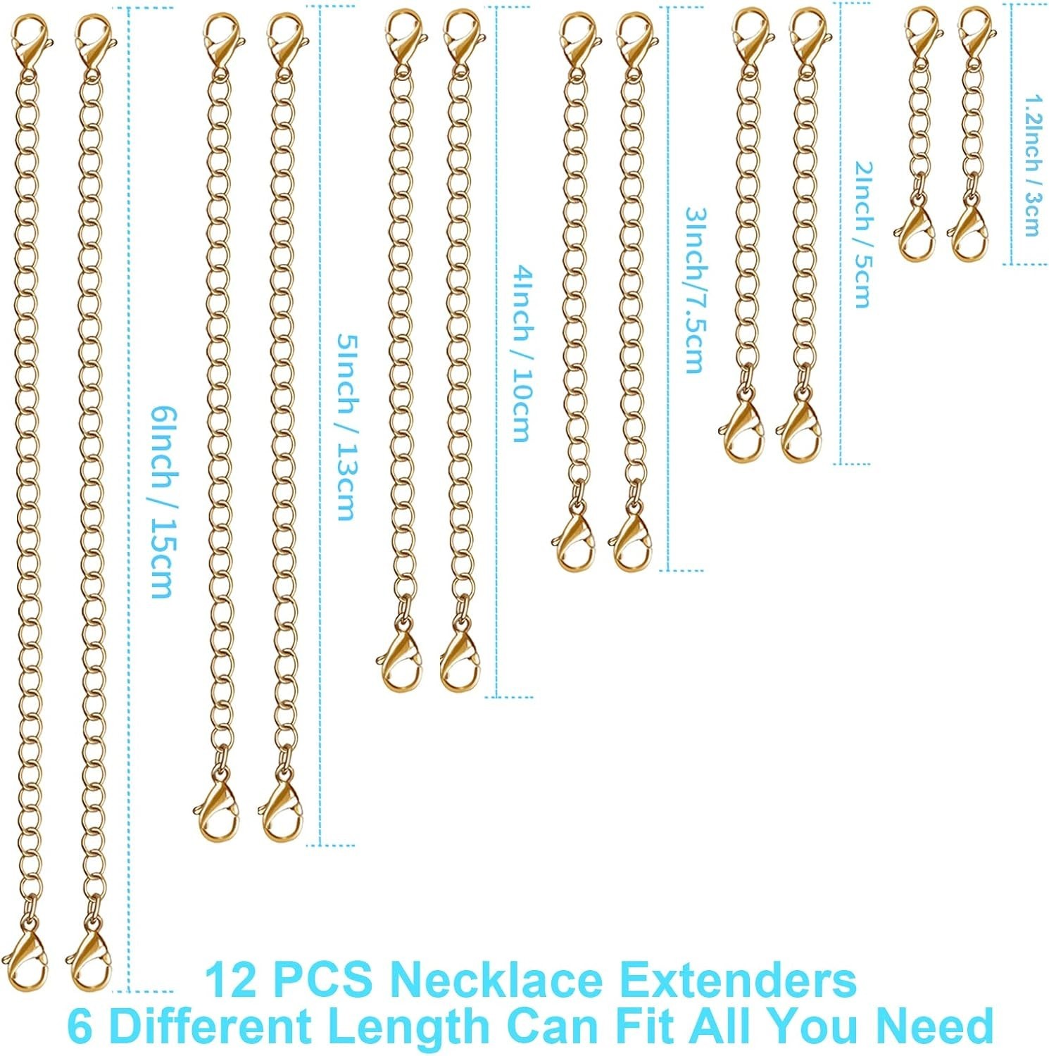 Versatile 12PCS Necklace Extenders in Gold – 1″ to 6″ Stainless Steel Chains