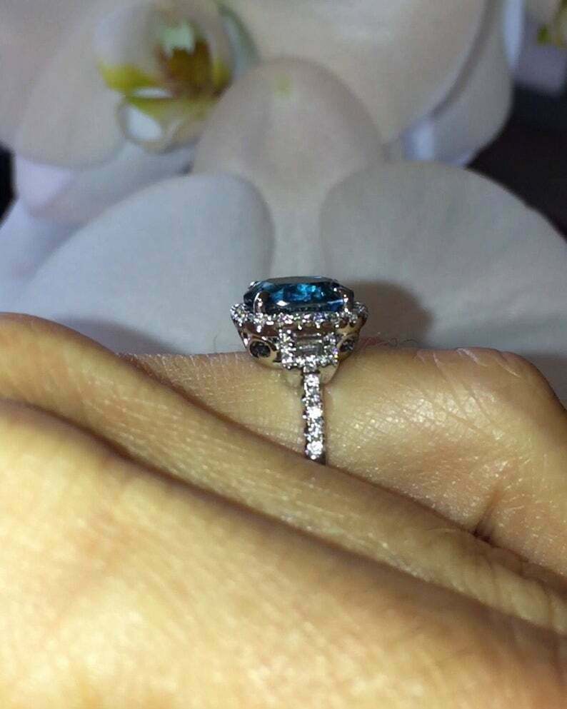 2Ct Cushion Simulated London Blue Topaz Halo Ring 14K White Gold Plated Silver