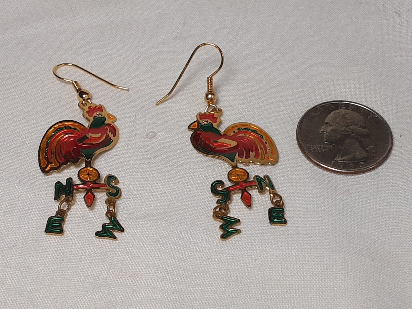 Earring Gold Tone Cloisonne Multicolor Chicken Roaster Dangle N S W E Pierce