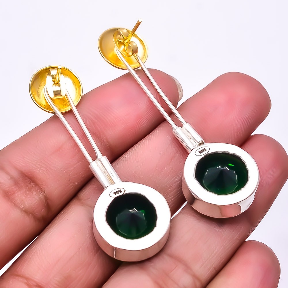 Tsavorite 925 Sterling Silver Two Tone Earring 2.15″ E78, Christmas Gift