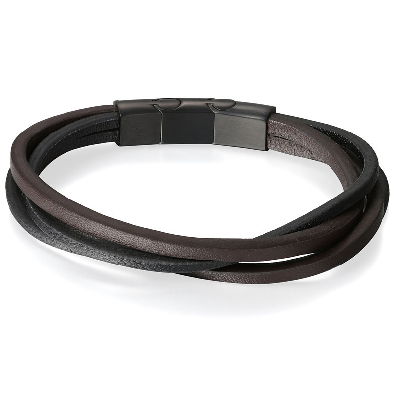 Men’s Brown Leather Stainless Steel Magnetic Buckle Charm Bracelet Bangle Cuff